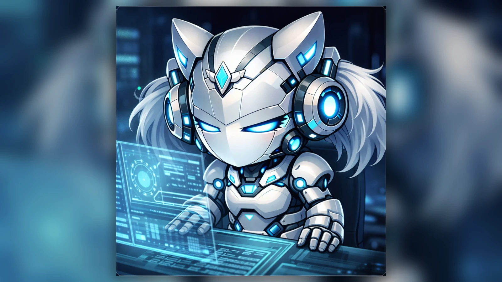 白銀のSDメカが青いホログラム端末を操作しているトップビジュアル